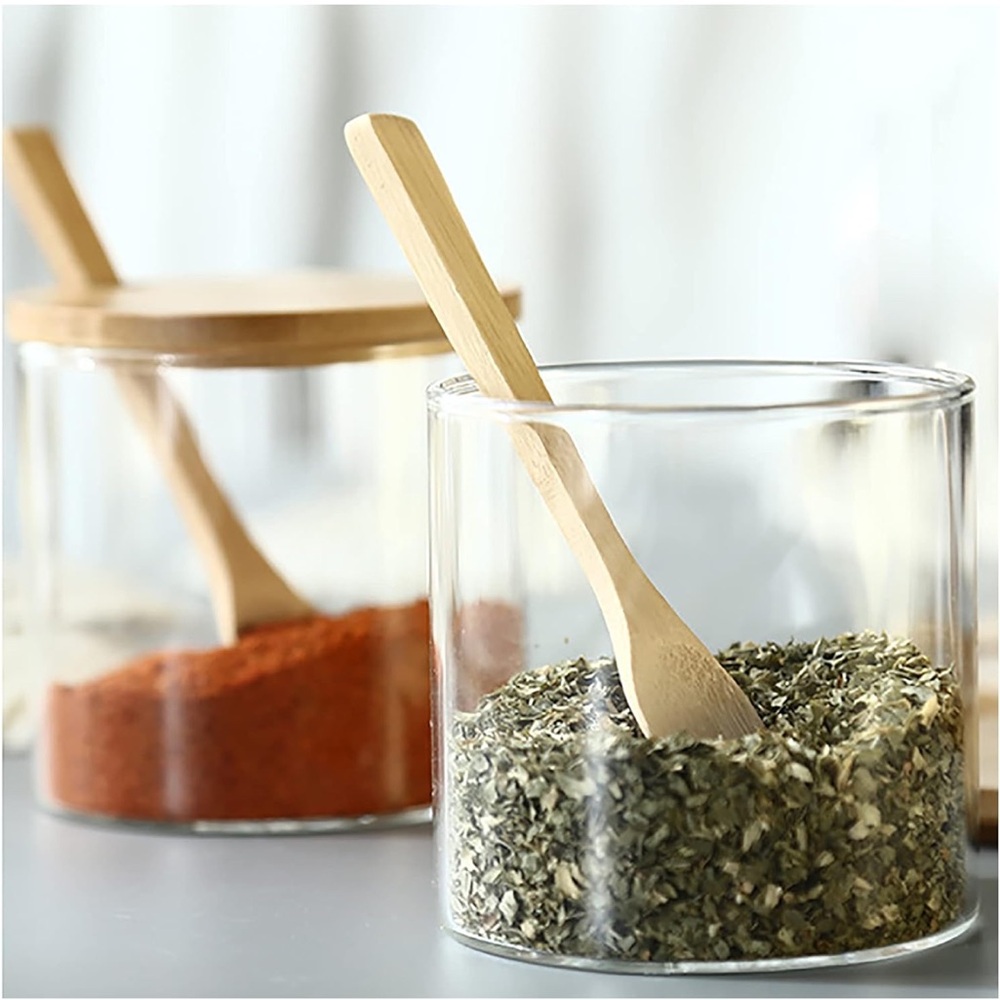 2 PCS Clear Glass Condiment Canister Set with Bamboo Lid & Spoon